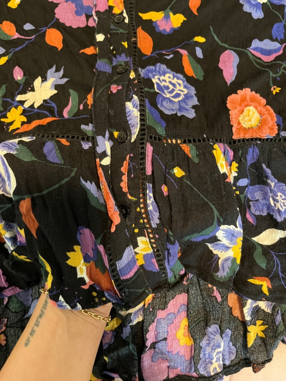 Anthropologie Black Floral Blouse with Purple, Blue, Yellow and Orange Flowers - Picture 5 of 8